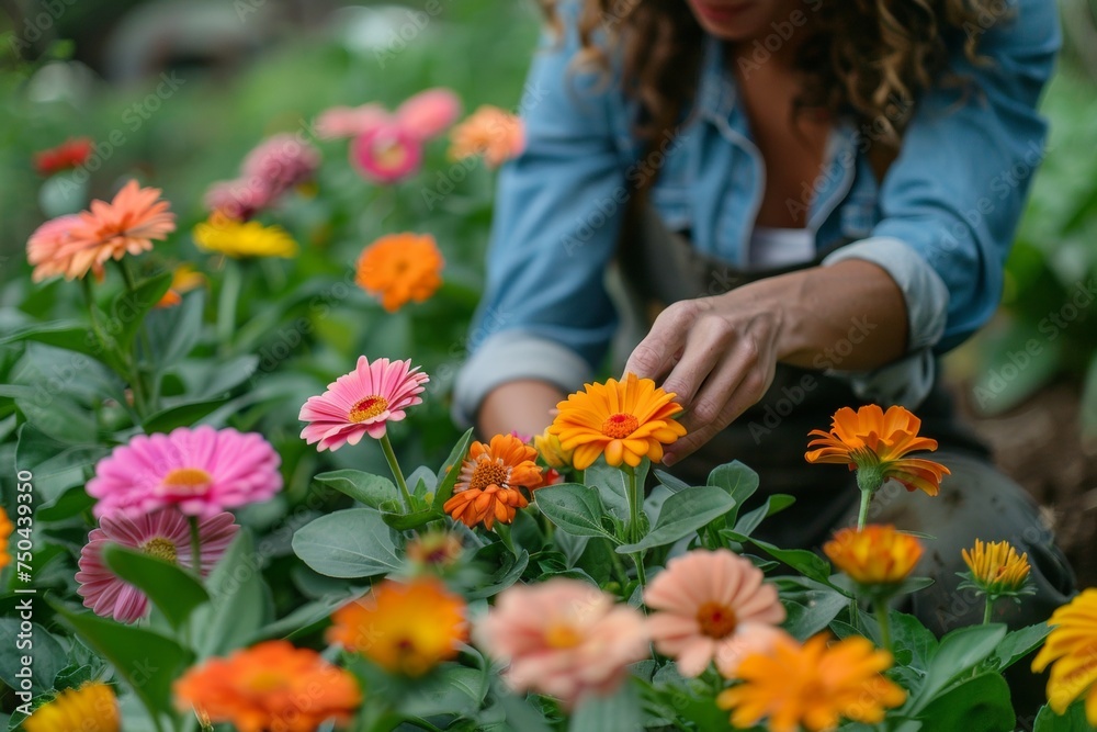 A gardener tending to vibrant flowers in a community garden A gardener tending to vibrant flowers in a community garden