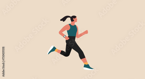 Energetic Woman Running, Healthy Lifestyle Exercise Concept, Vector Flat Illustration Design
