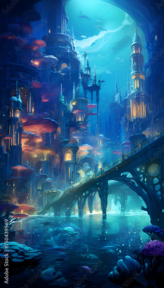 Fantasy cityscape with a bridge over the river. 3d illustration