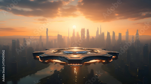 Futuristic spaceship flying over the city at sunset 3d rendering