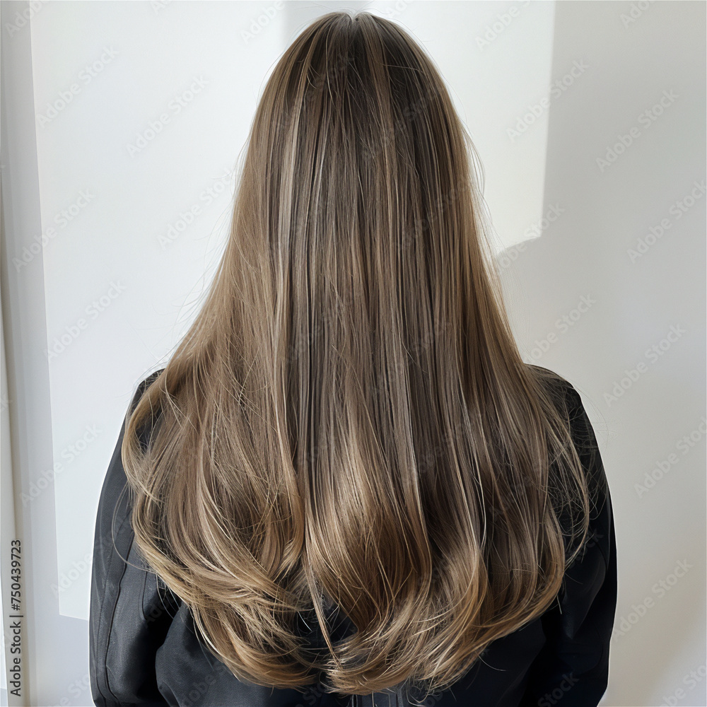 Naklejka premium female long ash-brown hair with highlights hairstyle