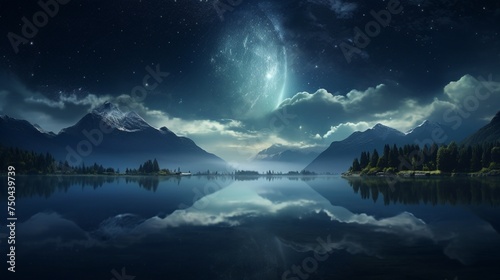 Under the silvery light of the moon  a serene lake mirrors the beauty of the night sky  creating a mesmerizing vista that transports the viewer to a realm of pure tranquility