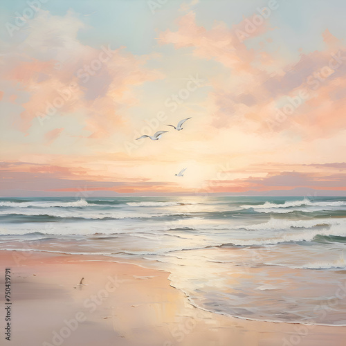 Seagulls flying over the sea at sunset. 3D rendering © Wazir Design