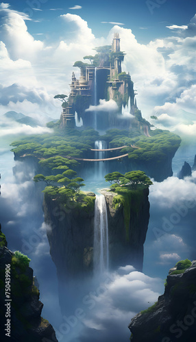 Fantasy landscape with a waterfall in the clouds. 3d rendering © Wazir Design