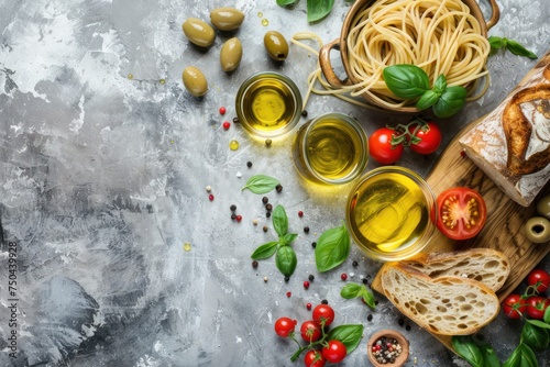 Food composition with sliced ciabatta, olives, olive oil, spaghetti, fresh basil, cherry tomatoes on gray concrete stone rustic background top view, copy space. Italian cuisine concept 