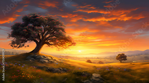 Sunset over a tree in the meadow. 3d rendering