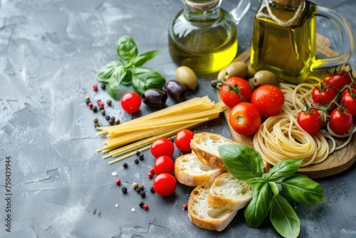 Food composition with sliced ciabatta, olives, olive oil, spaghetti, fresh basil, cherry tomatoes on gray concrete stone rustic background top view, copy space. Italian cuisine concept 