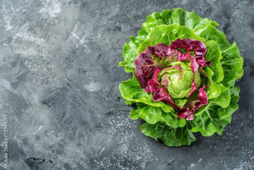 Fresh raw organic farm Lolo Rosso lettuce salad on grey rustic stone background top view, healthy green salad in balanced nutrition and cooking concept  photo