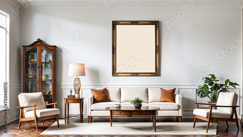 vintage-inspired living room with retro furniture and antique accents h a couch, table, and two chairs, living room with white blank empty mockup photo white frame on the wall 