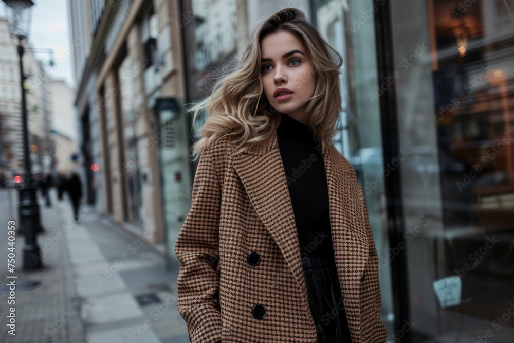 Elegant woman in a stylish coat walking on a city street