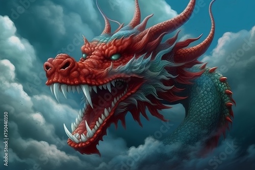 Dragon flying in the sky with clouds - 3d render illustration.