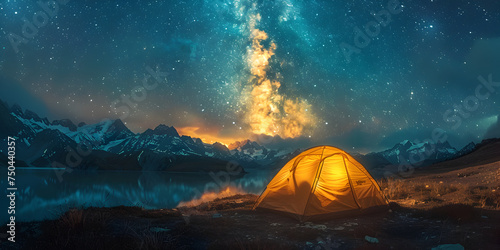A tent in the mountains with a milky way in the background.