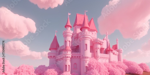 Fantasy fairy tale castle with pink clouds. 3D illustration.