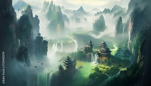 Beautiful fantasy landscape with a waterfall and pagodas in China