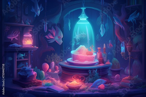 Magic cave with magic elixir and potion. Cartoon vector illustration.