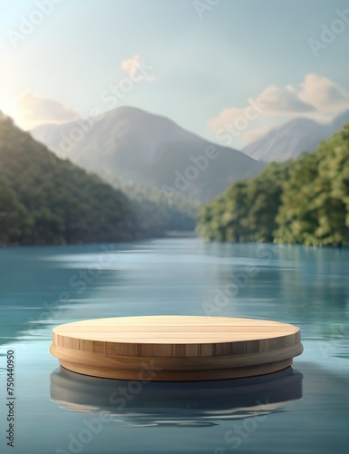 podium on the water for product presentation. Natural beauty pedestal, relaxation and health, 3d illustration. Generative AI © Jaon