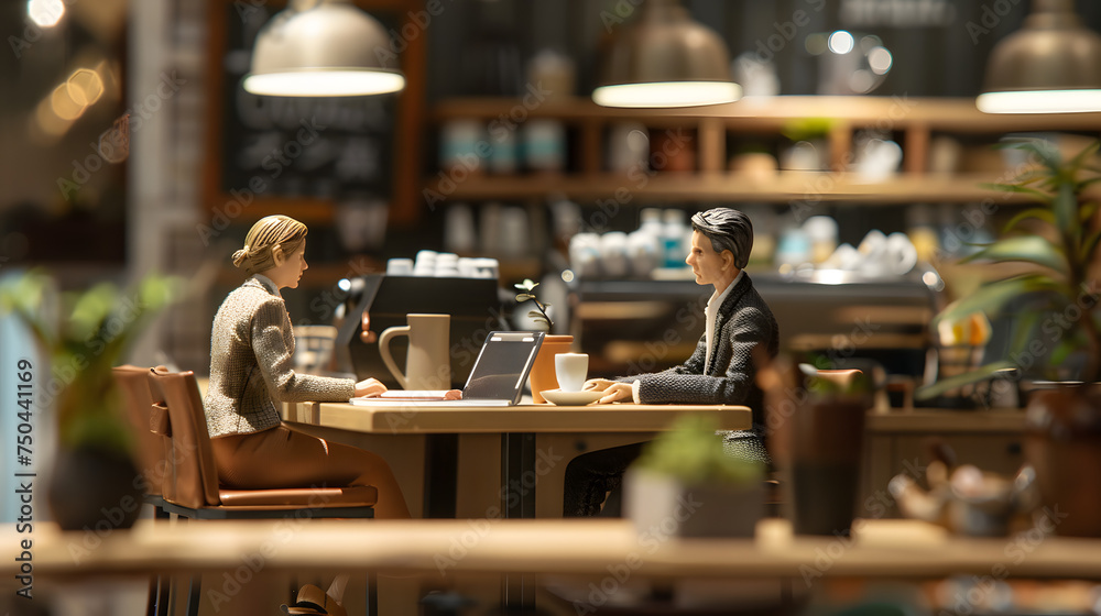 Miniature business people working on laptops in a city cafe.