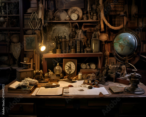 Ancient world globe. books and other items on the table in a dark room