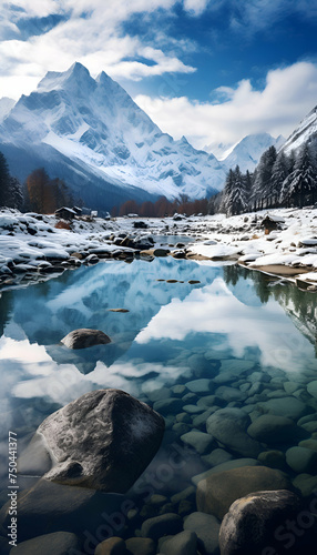 Fantastic winter landscape with snow-capped mountains and lake