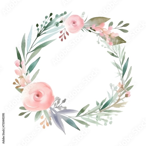 Fototapeta Naklejka Na Ścianę i Meble -  Watercolor floral wreath. Hand painted flowers, leaves and branches isolated on white background.