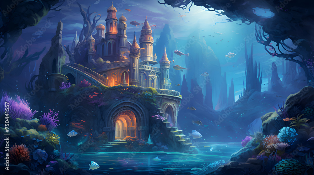 Fantasy landscape with castle in underwater kingdom. Digital painting illustration.