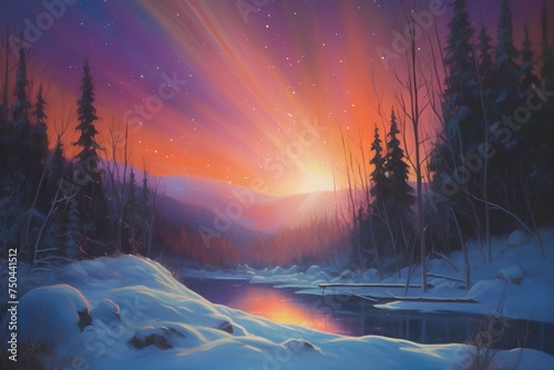 Fantasy winter landscape with river, forest and mountains at night.