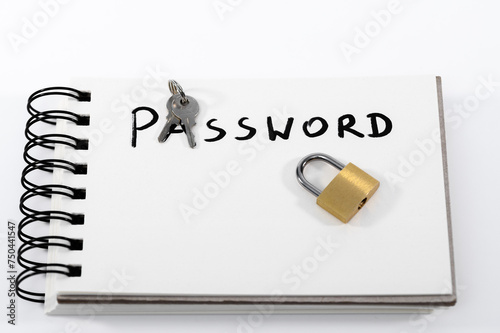 Slowo napisane po angielsku hasło password, obok kłódka I klucze