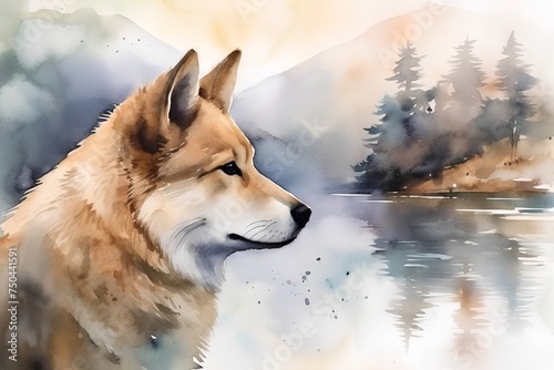 Watercolor portrait of a wolf on a background of a mountain lake photo