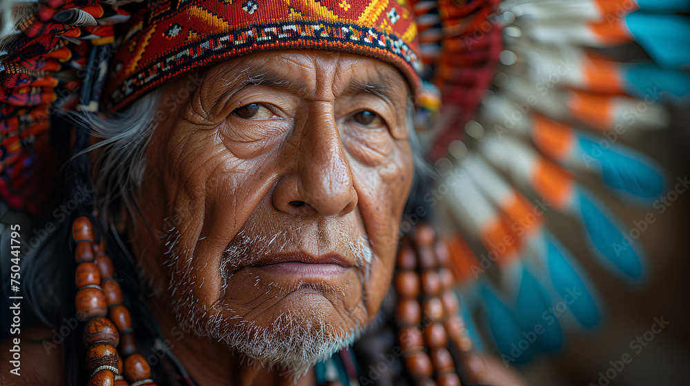 An Indian in the traditional face coloring of red Indians and wearing a headdress. An Indian in the traditional face coloring of red Indians and wearing a headdress.