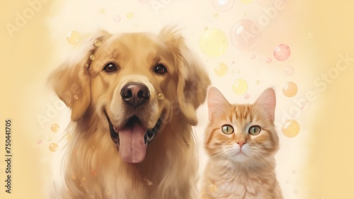 Golden retriever dog and cat on yellow background with bubbles, illustration