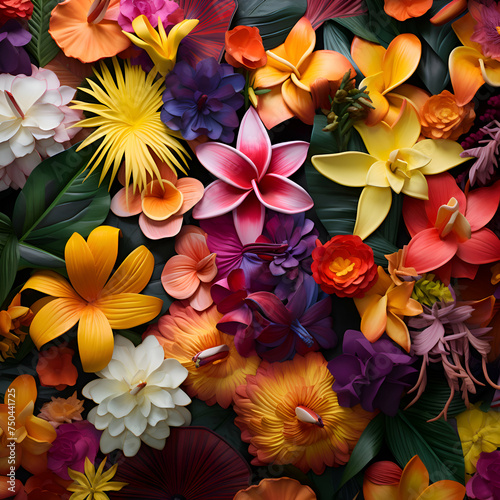 Top view of colorful tropical flowers background. Flat lay. top view.