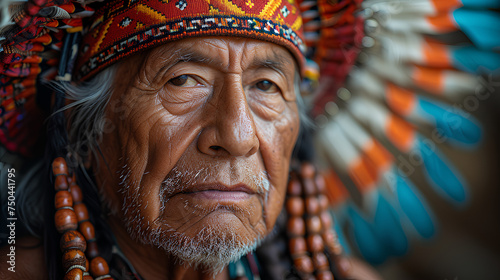 An Indian in the traditional face coloring of red Indians and wearing a headdress.