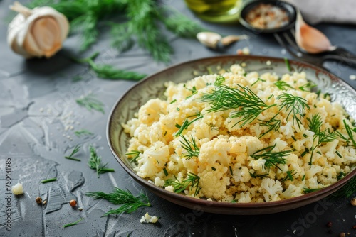 Fried cauliflower rice or couscous with dill on plate, healthy low carbohydrates vegetable side dish for keto diet and healthy low calories nutrition on rustic stone background