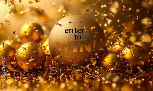 Golden raffle ticket with the phrase enter to WIN! suggesting participation in a lottery, contest, sweepstake, or a chance to win a prize