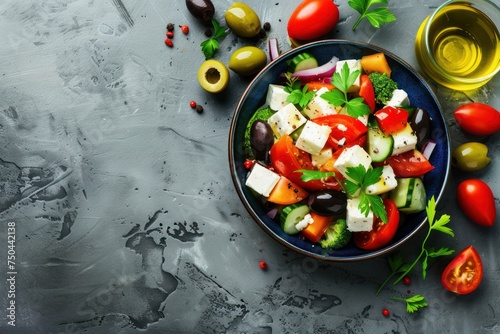 Greek fresh healthy colorful salad with feta cheese, vegetables, olives in blue ceramic bowl on rustic concrete background top view, Mediterranean diet, traditional cuisine of Greece. 