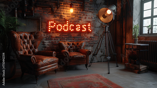 Two armchairs, a modern workplace and a stylish word podcast, a place for an interview in a podcast.