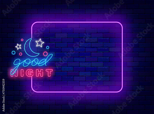 Good night neon invitation. Wishing good sleep. Nightclub show. Greeting card. Empty purple frame. Vector illustration