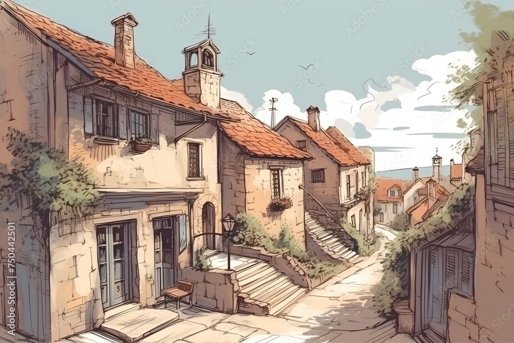 Street view of old european town, sketch for your design
