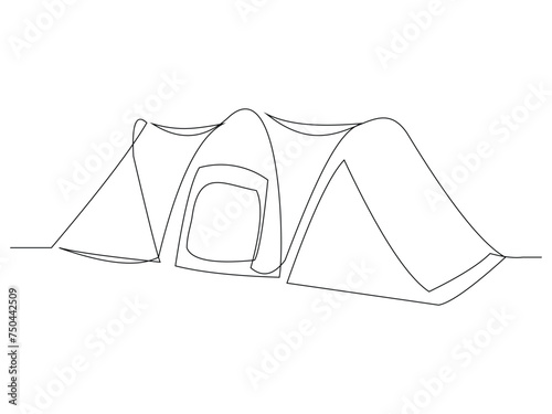 Continuous single line sketch drawing outdoor tent camping travel. One line art nature tourism, journey, adventure vector illustration