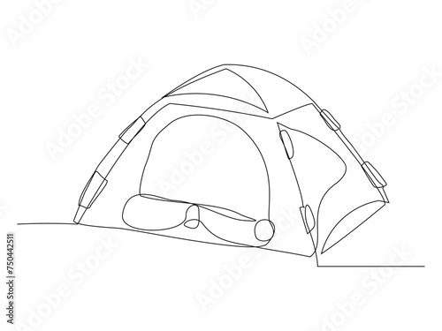 Continuous single line sketch drawing outdoor tent camping travel. One line art nature tourism, journey, adventure vector illustration