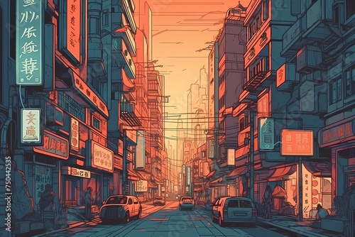 Seoul, South Korea. Street in Seoul. Vector illustration.