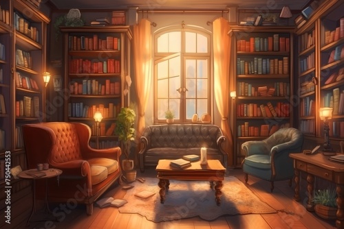 Illustration of an old library interior with bookshelves and armchairs