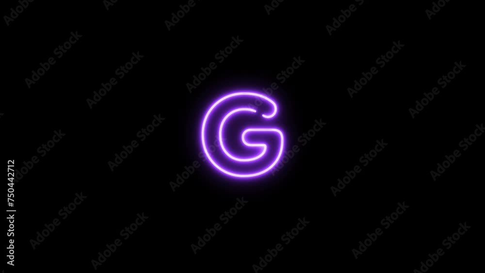 Alphabet G letter neon motion graphic with alpha channel. Purple neon light letters turn on and turn off isolated character animated on transparent background. Alphabet G letter neon motion graphic with alpha channel. Purple neon light letters turn on and turn off isolated character animated on transparent background.