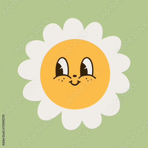 Collection of magnificent chamomile flowers. Retro daisy smiles in cartoon style. Set of happy 70s stickers. Vector graphic illustration in hippe style.