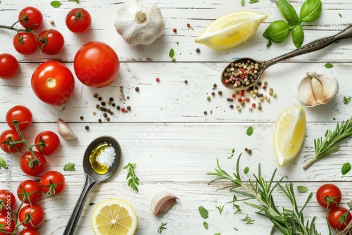 Healthy food ingredients composition with fresh cherry tomatoes, herbs, garlic cloves, lemon wedges and spoon on white wooden rustic background, overhead shot with copy space