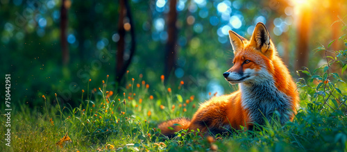 un renard roux allongé dans l'herbe dans une clairière bien verte photo