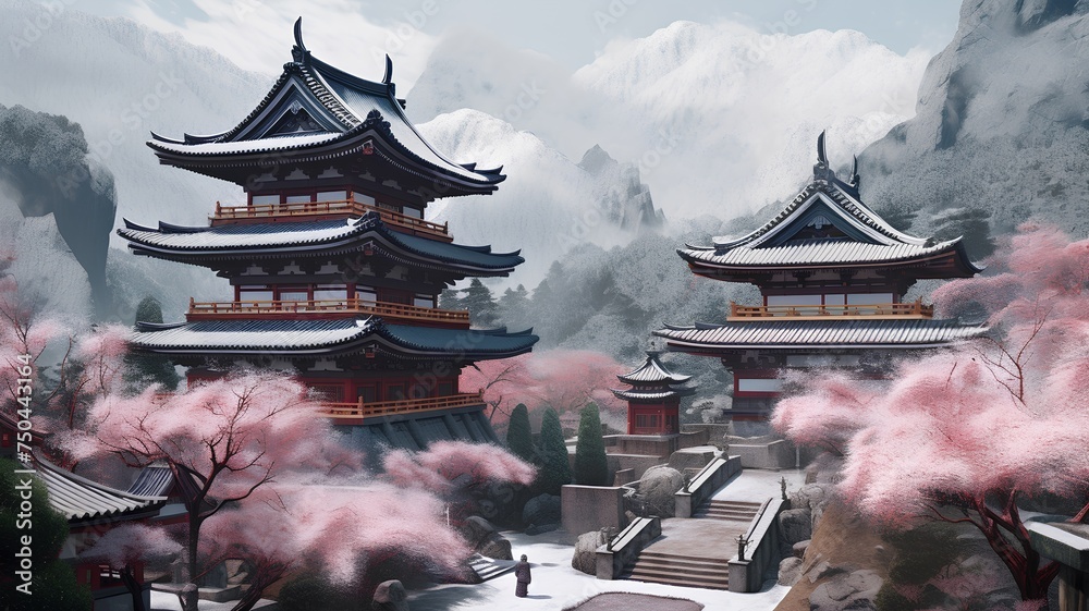 Beautiful chinese temple in winter with snow and fog. 3D rendering