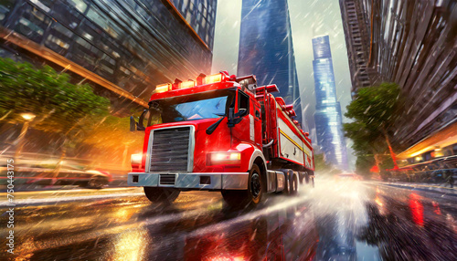 Bottom view and side view of a red fire truck moving at high speed in a city street in the rain; tall skyscrapers in the background. Generative Ai.