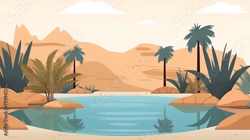 Desert landscape with palm trees and pond. Vector cartoon illustration.