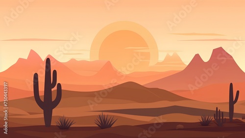 Desert landscape with cactuses and mountains at sunset. Vector illustration